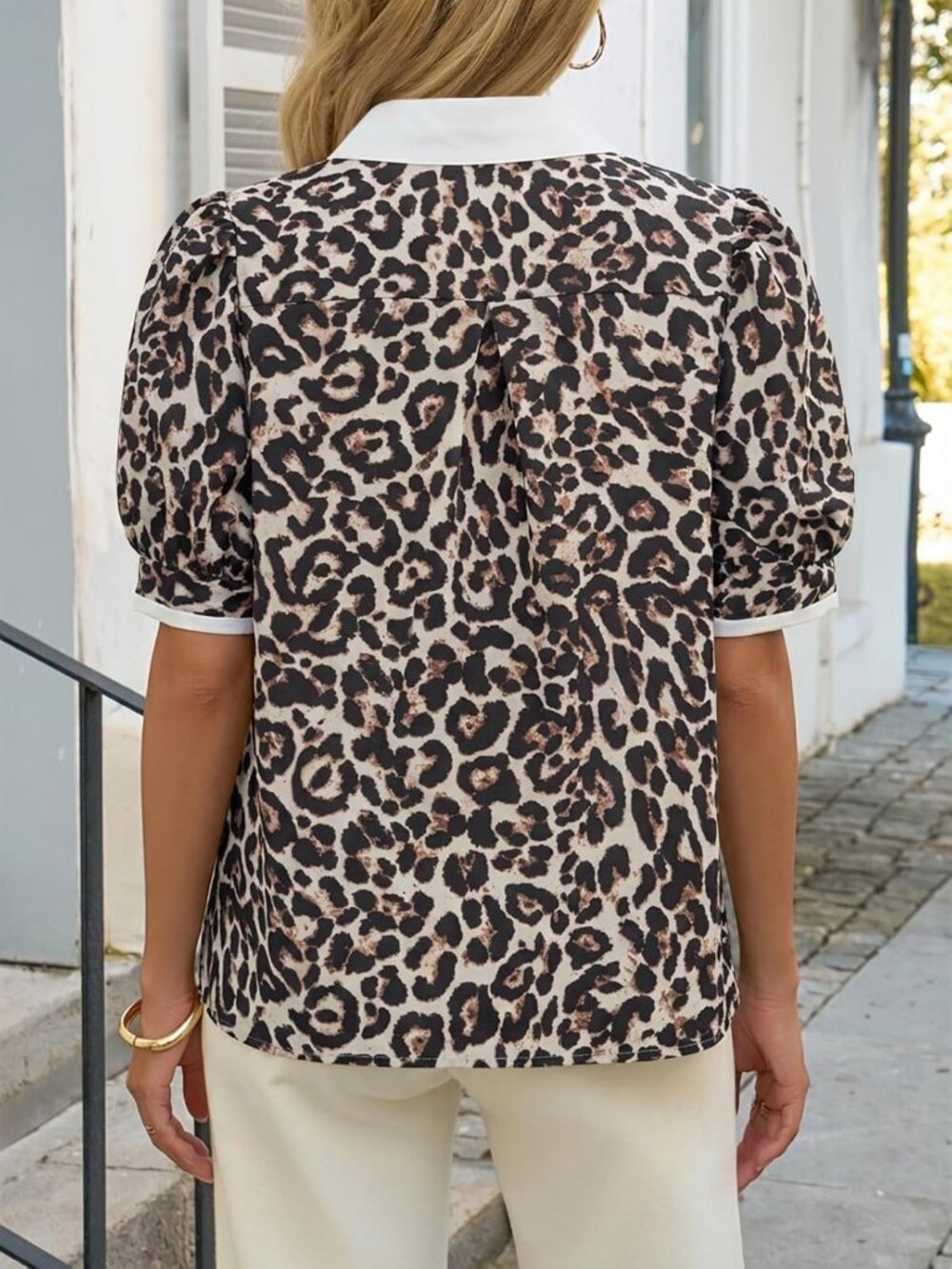 Women's Floral Short Puff Sleeve Tops Leopard V Neck Patchwork Summer Blouse - Picture 3 of 6